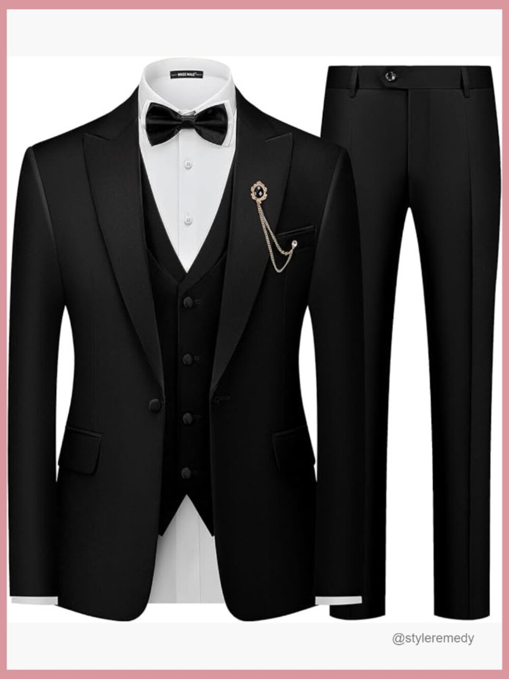 Slim Fit 3 Piece Tuxedo Suit Set with Vest and Bow Tie